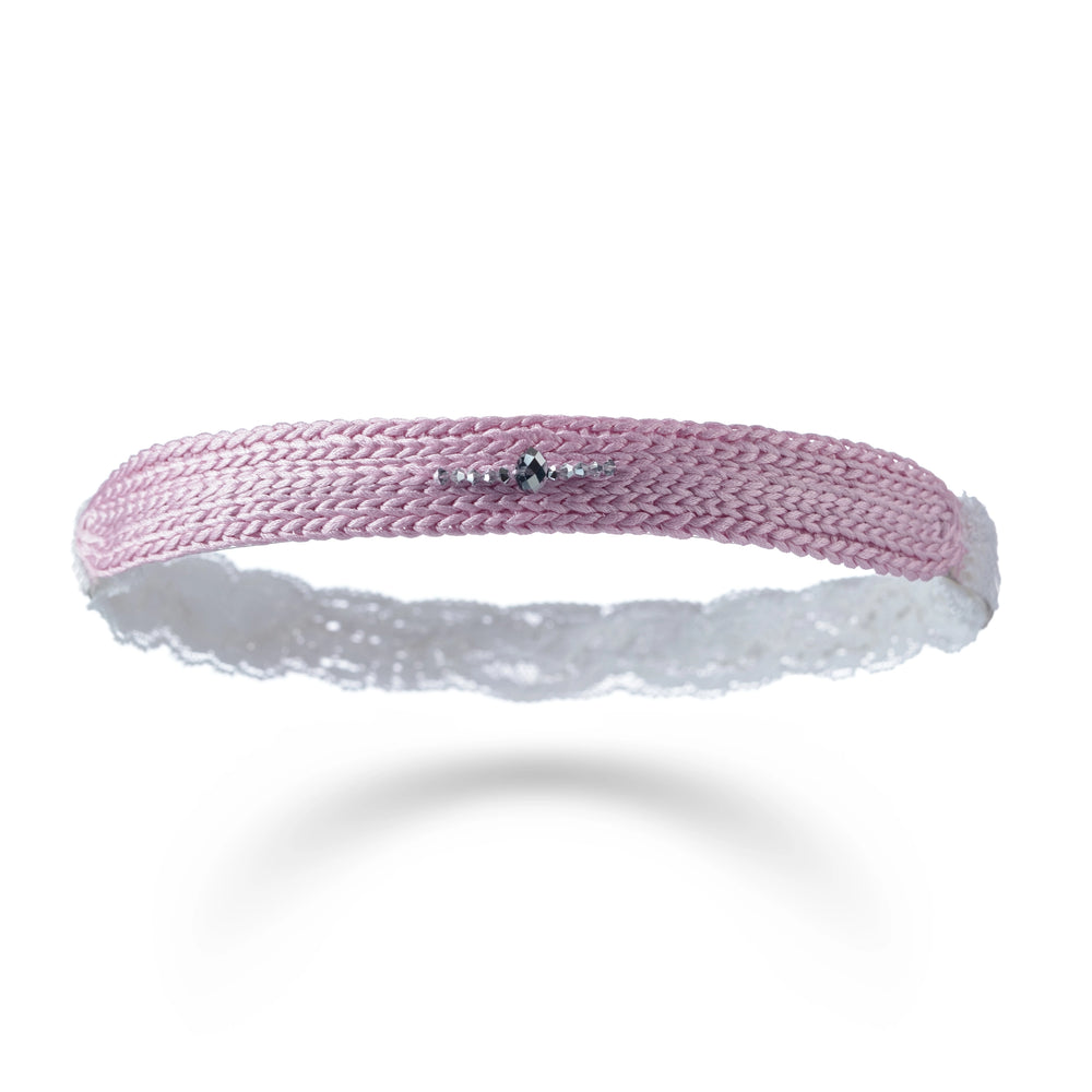 Malkiele designer, pink silk knit headband for little girls, embellished with crystals from Swarovski® and white lace, luxe style, premium and sustainable, name name Antoinette.