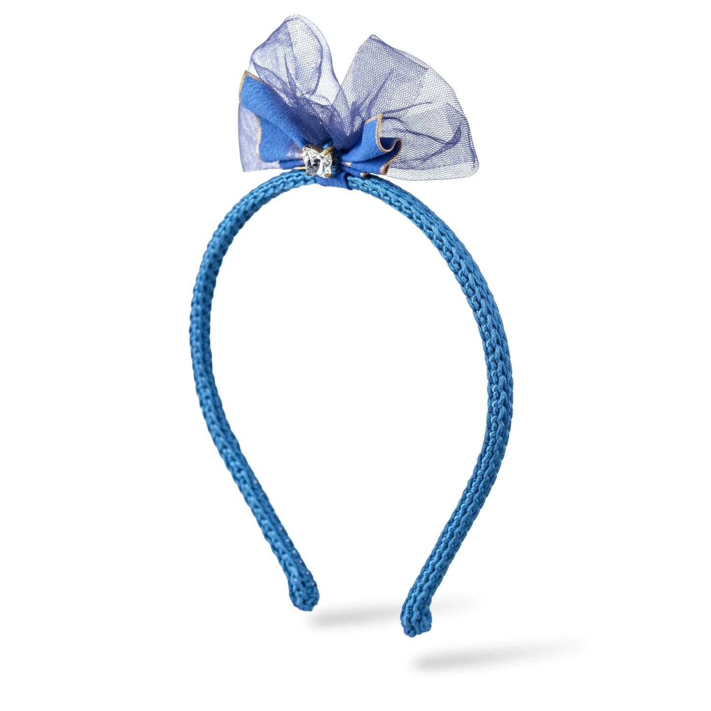 Malkiele designer, blue silk knit headband for little girls, embellished with crystal from Swarovski® and leather bow, luxe style, premium and sustainable, name Miss Marie.