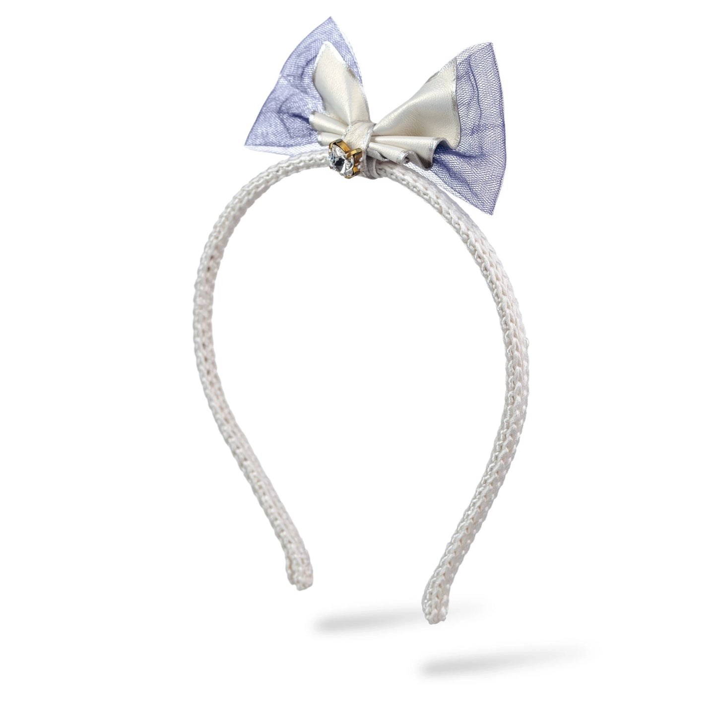 Malkiele designer, bridal white silk knit headband for little girls, embellished with crystal from Swarovski® and leather bow, luxe style, premium and sustainable, name Miss Marie.