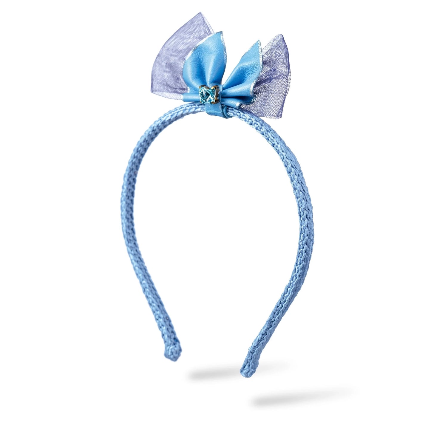 Malkiele designer, light blue silk knit headband for little girls, embellished with crystal from Swarovski® and leather bow, luxe style, premium and sustainable, name Miss Marie.