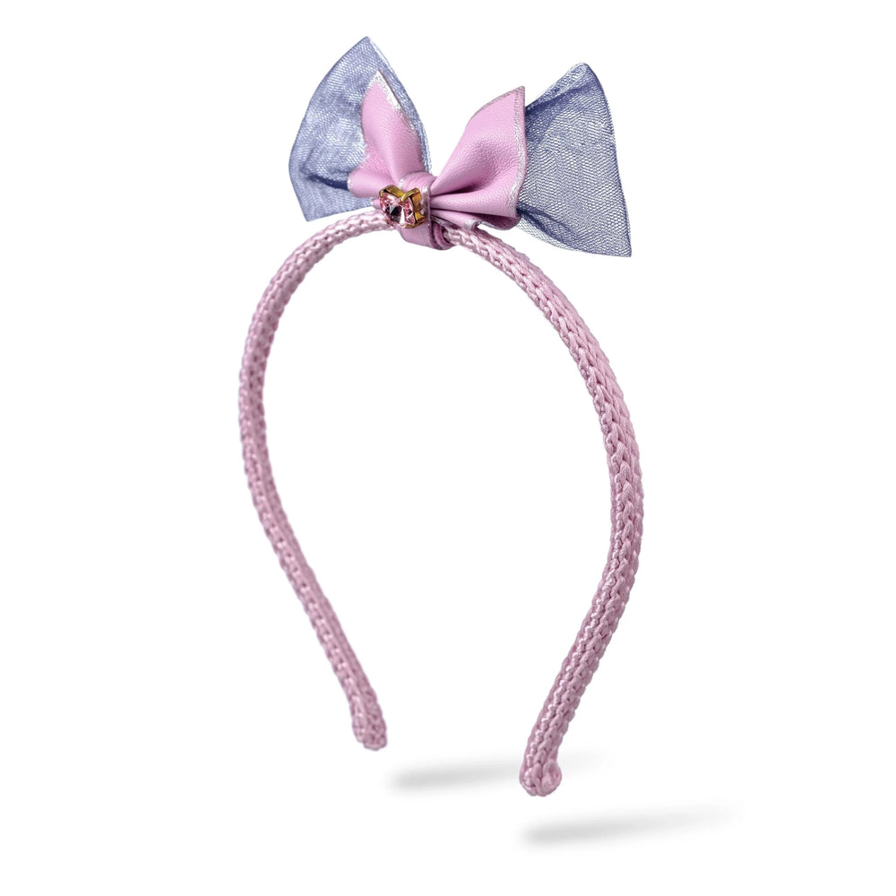 Malkiele designer, pink silk knit headband for little girls, embellished with crystal from Swarovski® and leather bow, luxe style, premium and sustainable, name Miss Marie.