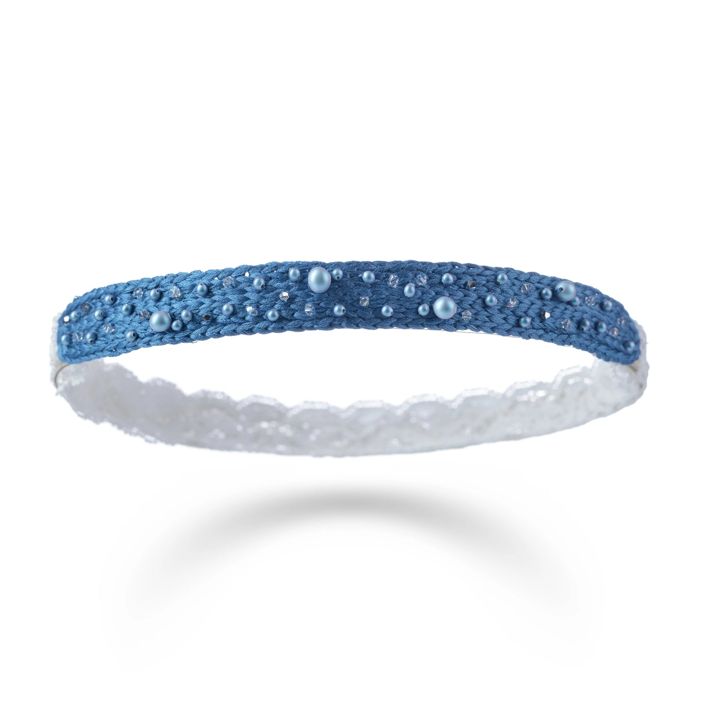 Malkiele designer, blue silk knit headband for little girls, embellished with light blue pearls from Swarovski® and white lace, luxe style, premium and sustainable, name name Sweetheart.