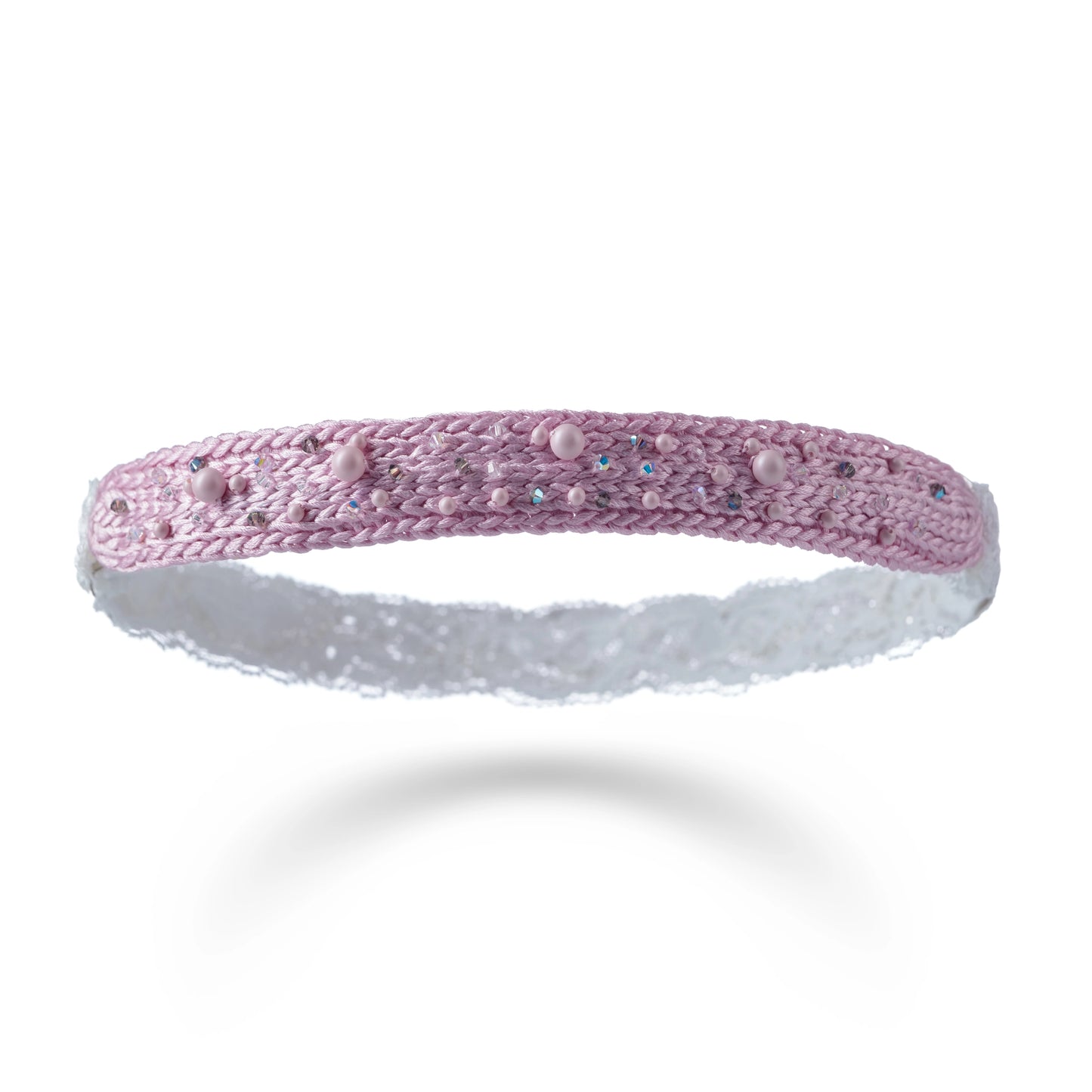 Malkiele designer, pink silk knit headband for little girls, embellished with pink pearls and white lace, luxe style, premium and sustainable, name Sweetheart.