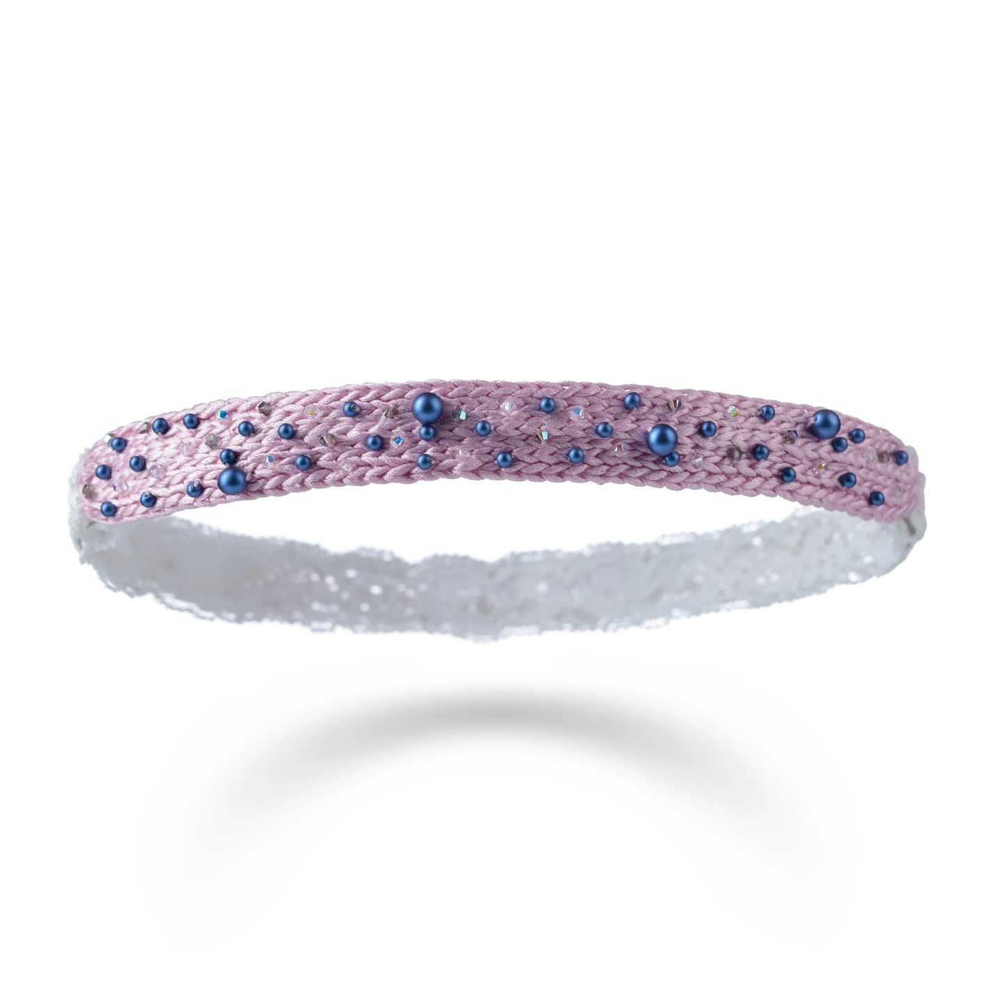 Malkiele designer, pink silk knit headband for little girls, embellished with blue pearls from Swarovski® and white lace, luxe style, premium and sustainable, name name Sweetheart.