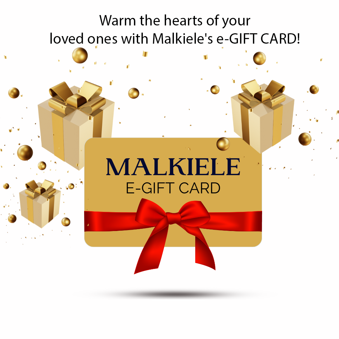 Malkiele designer e-gift card in vector with three gift boxes around.