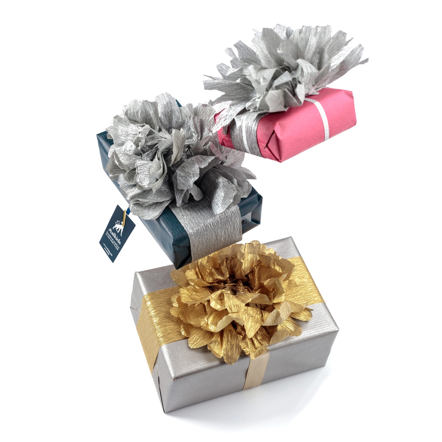 
                  
                    The set of three gift boxes, luxury wrapping, in silver, blue, gold and pink colors, Malkiele sustainable designer.
                  
                