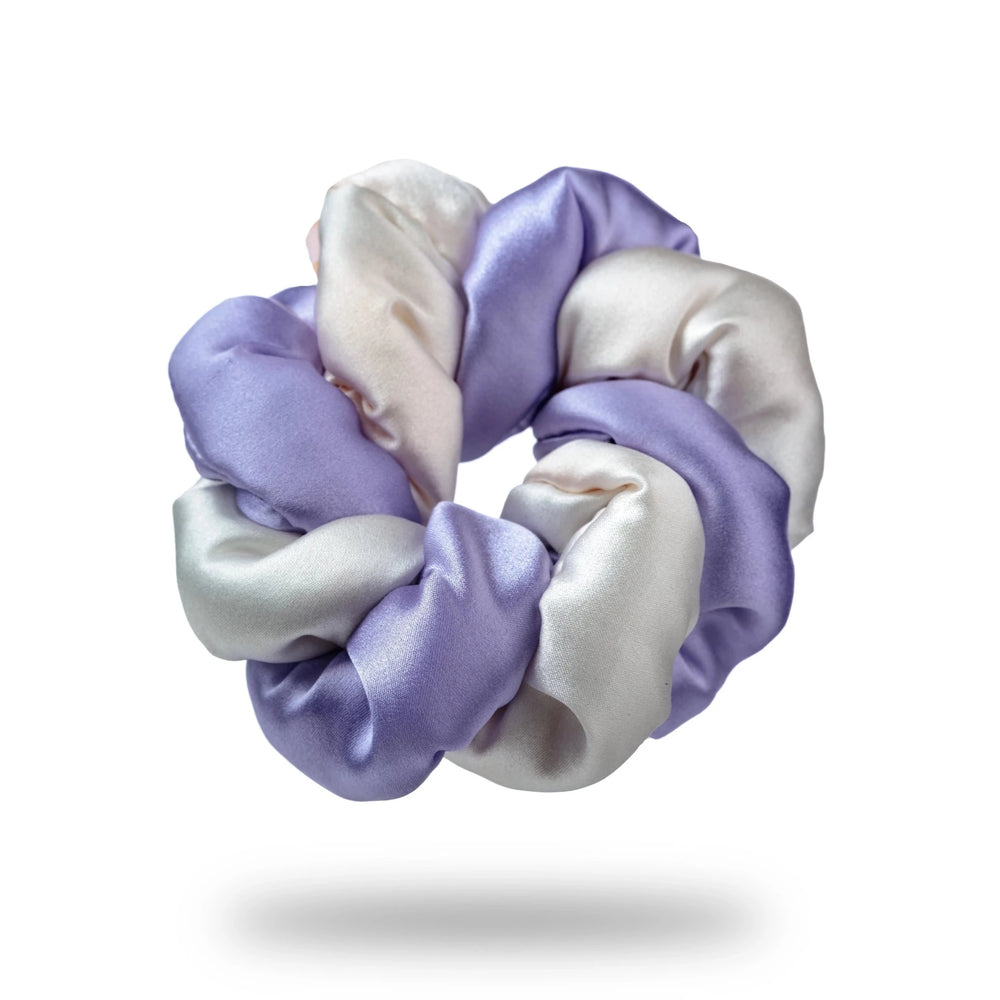 Malkiele designer, white and lilac silk double twisted scrunchie for woman, premium and sustainable, name Marianne.