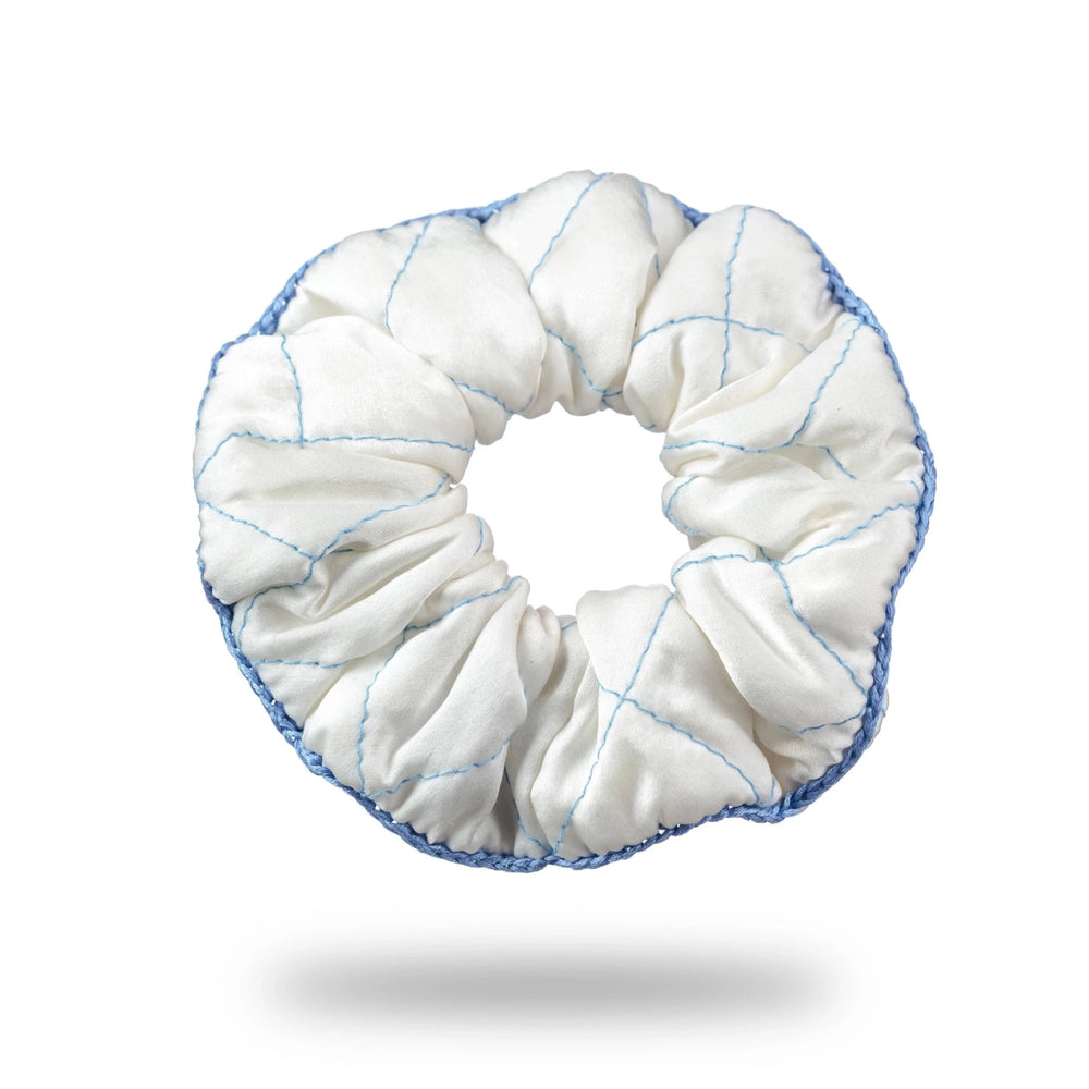 
                  
                    Malkiele designer silk scrunchie in white and light blue, name Morning Passion
                  
                