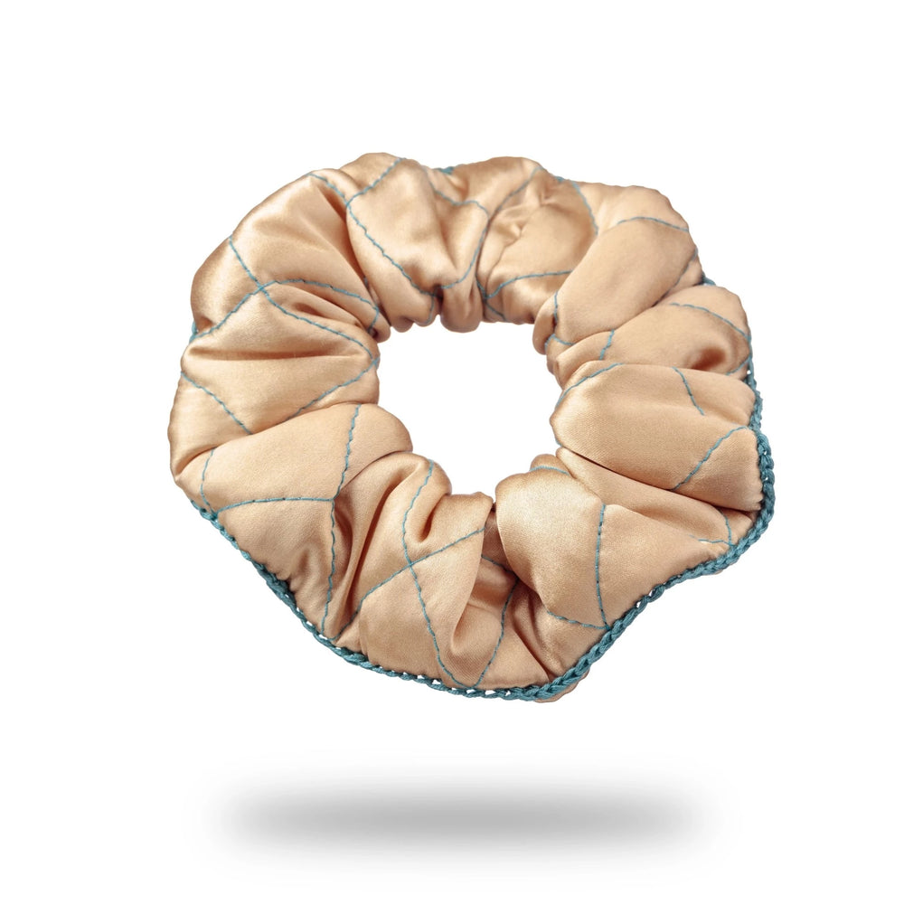 Malkiele designer, beige silk quilted scrunchie for woman, embellished with green silk knit ribbon, premium and sustainable, name Morning Passion.