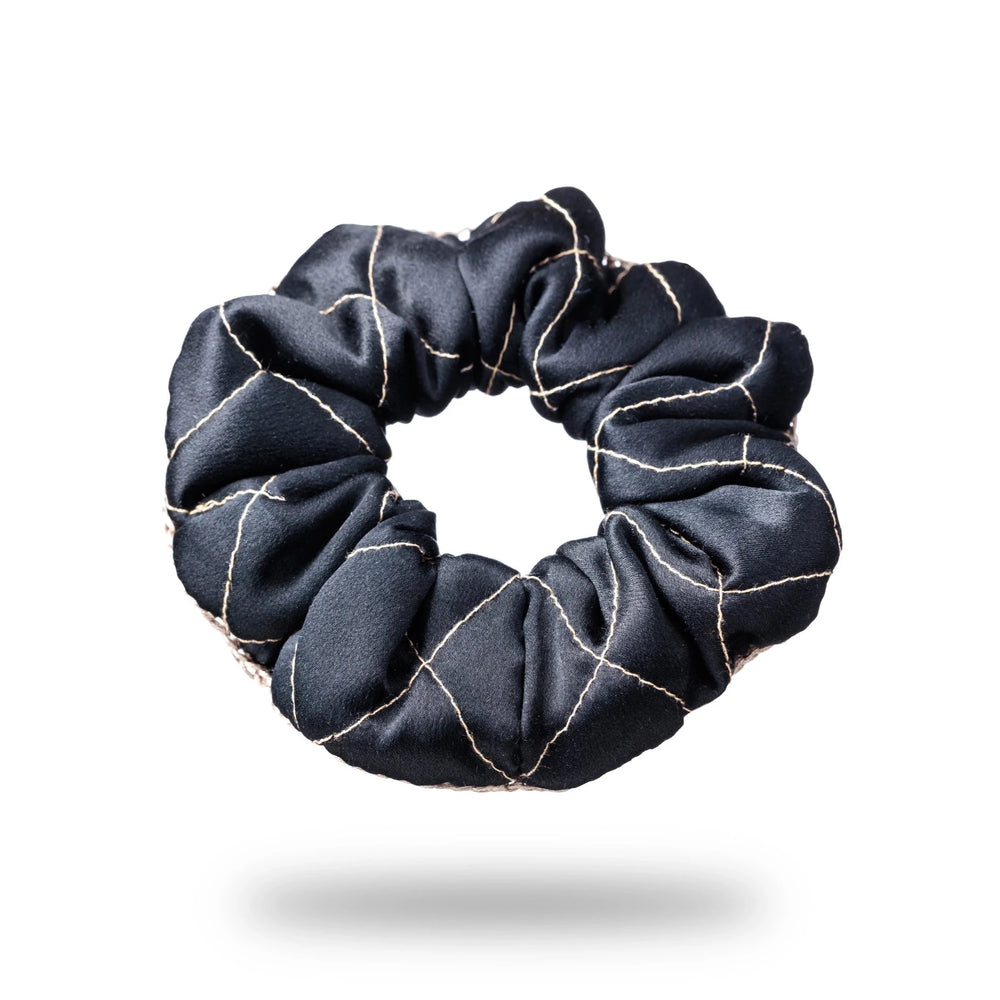 
                  
                    Malkiele designer, black silk quilted scrunchie for woman, embellished with beige silk knit ribbon, premium and sustainable, name Morning Passion.
                  
                