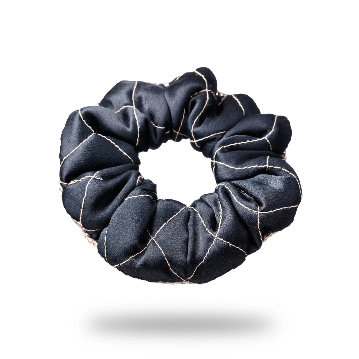 Malkiele designer, black silk quilted scrunchie for woman, embellished with beige silk knit ribbon, premium and sustainable, name Morning Passion.