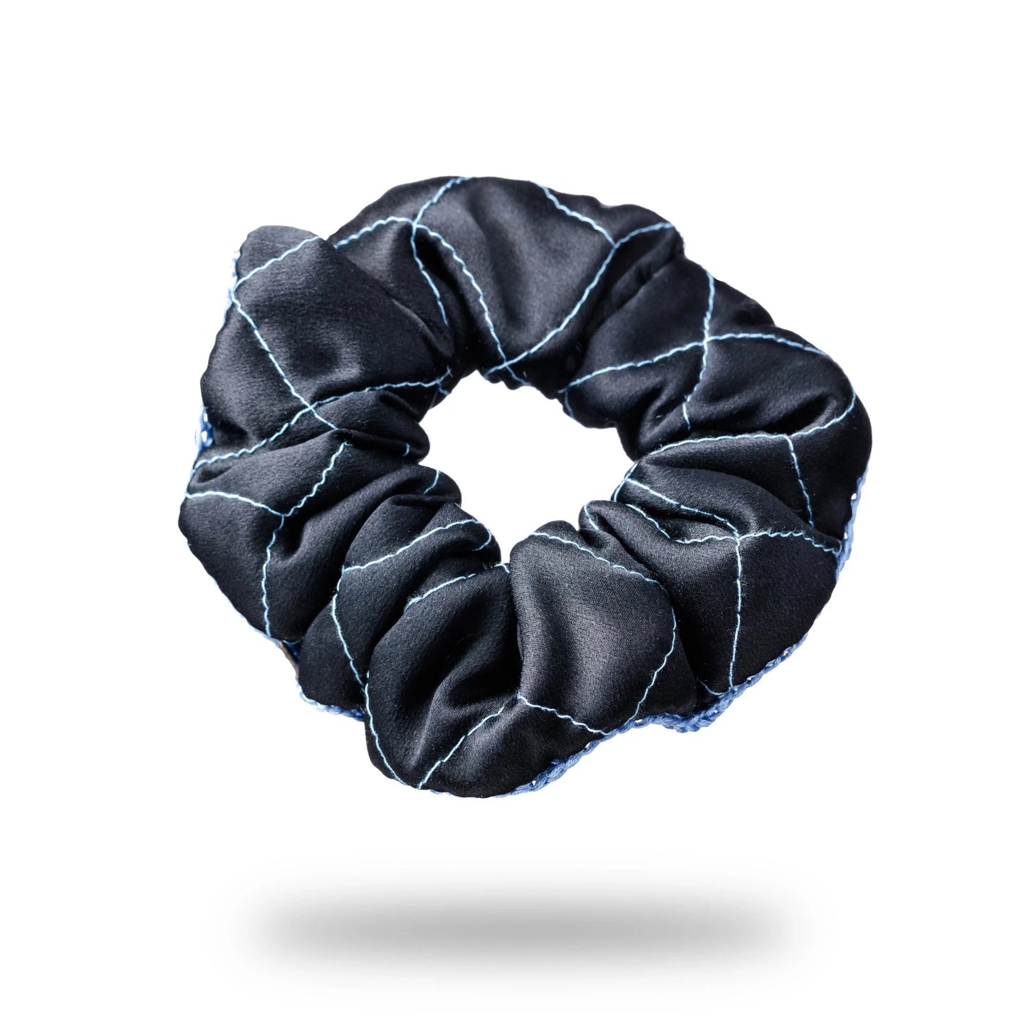 Malkiele designer, black silk quilted scrunchie for woman, embellished with light blue silk knit ribbon, premium and sustainable, name Morning Passion.