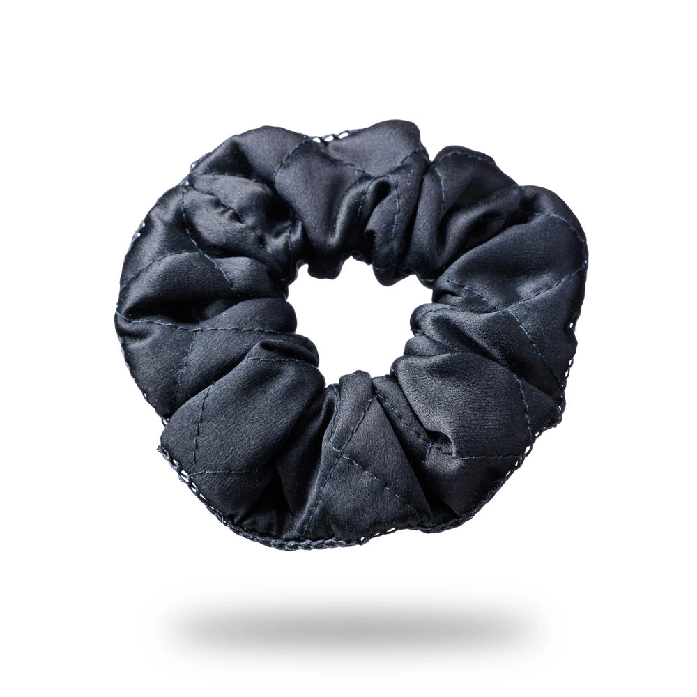 Malkiele designer, black silk quilted scrunchie for woman, embellished with black silk knit ribbon, premium and sustainable, name Morning Passion.