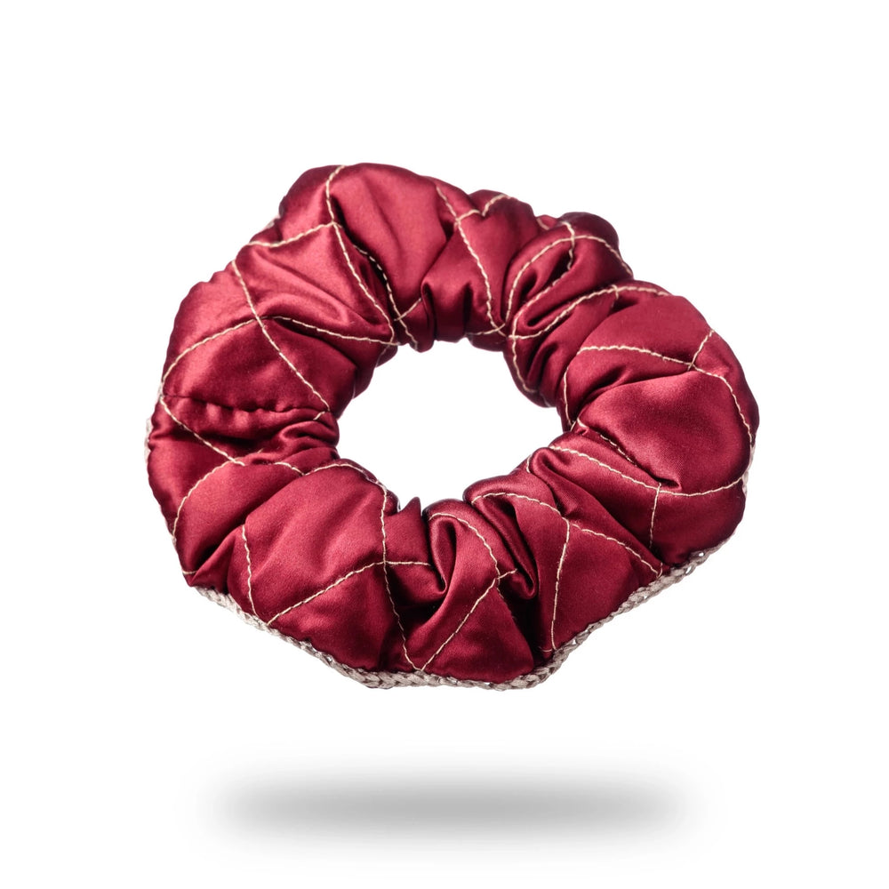 Malkiele designer, burgundy silk quilted scrunchie for woman, embellished with beige silk knit ribbon, premium and sustainable, name Morning Passion.