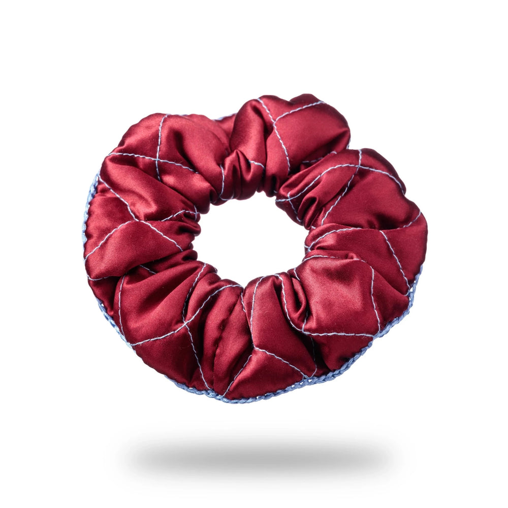 Malkiele designer, burgundy silk quilted scrunchie for woman, embellished with light blue silk knit ribbon, premium and sustainable, name Morning Passion.