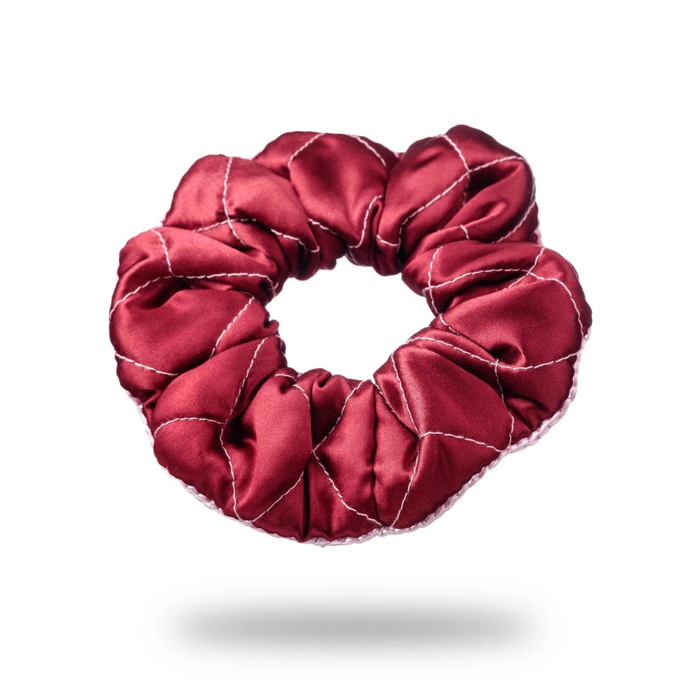 Malkiele designer, burgundy silk quilted scrunchie for woman, embellished with pink silk knit ribbon, premium and sustainable, name Morning Passion.