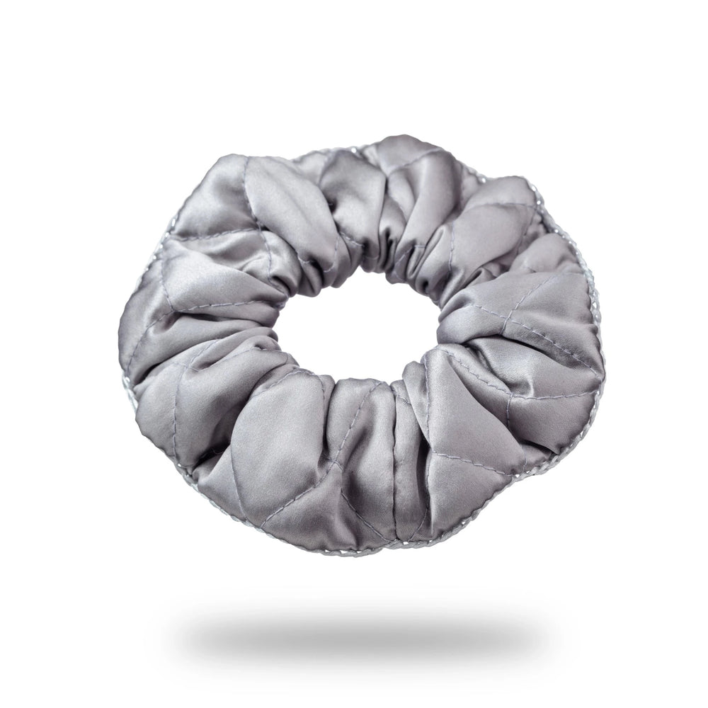 Malkiele designer, grey silk quilted scrunchie for woman, embellished with grey silk knit ribbon, premium and sustainable, name Morning Passion.