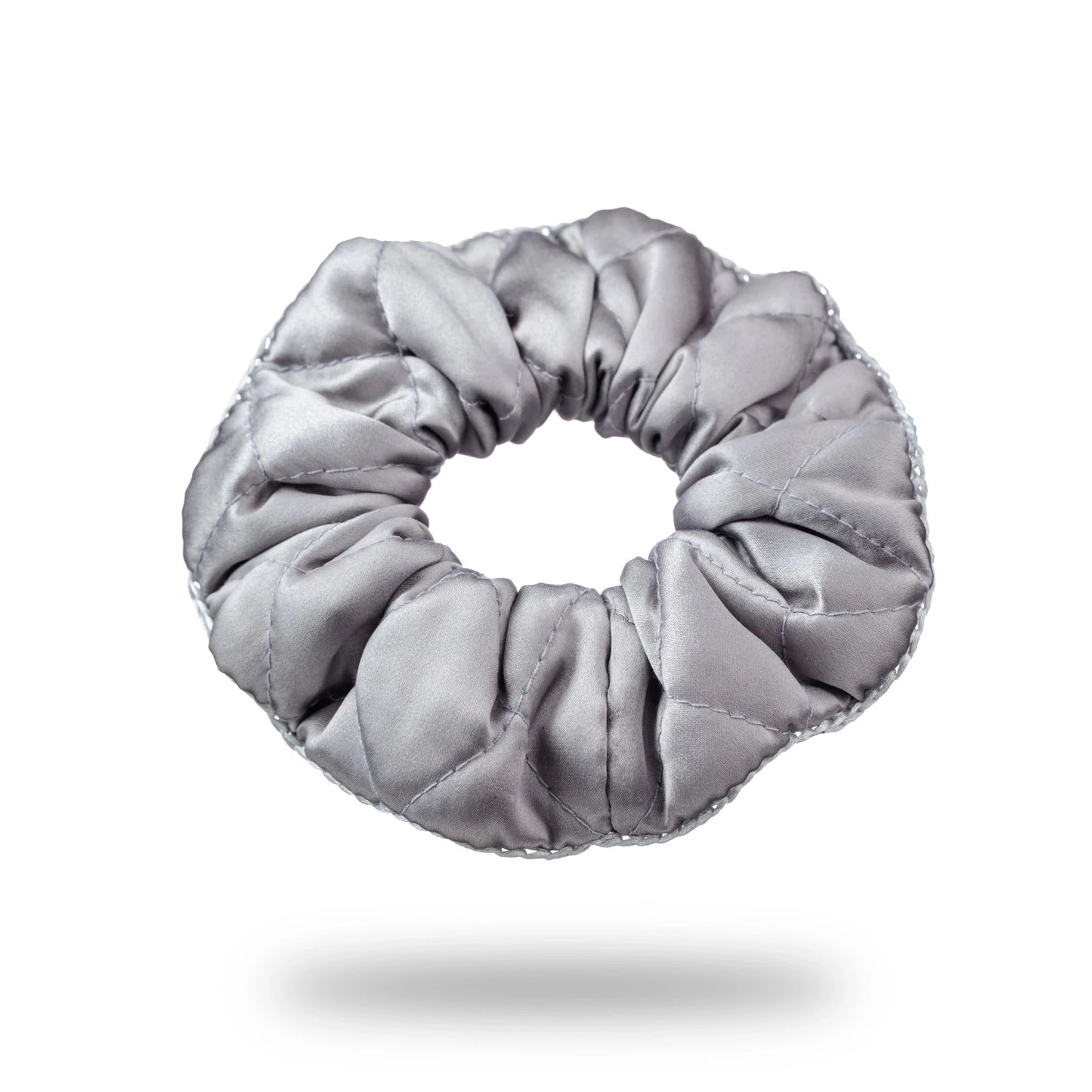 
                  
                    Malkiele designer, grey silk quilted scrunchie for woman, embellished with grey silk knit ribbon, premium and sustainable, name Morning Passion.
                  
                