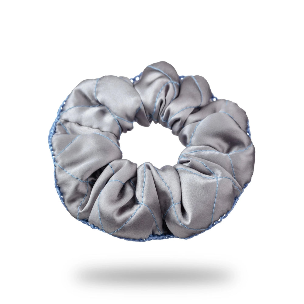 Malkiele designer, grey silk quilted scrunchie for woman, embellished with light blue silk knit ribbon, premium and sustainable, name Morning Passion.