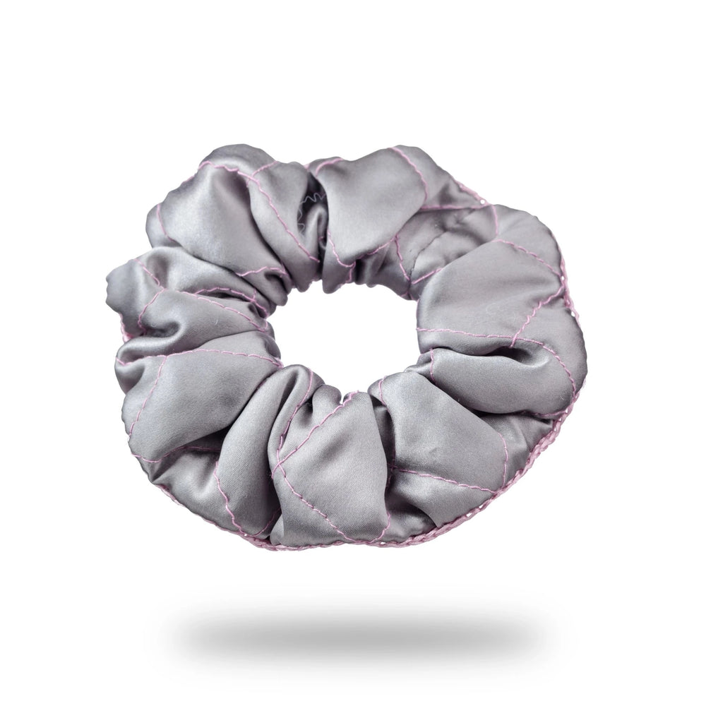 Malkiele designer, grey silk quilted scrunchie for woman, embellished with pink silk knit ribbon, premium and sustainable, name Morning Passion.