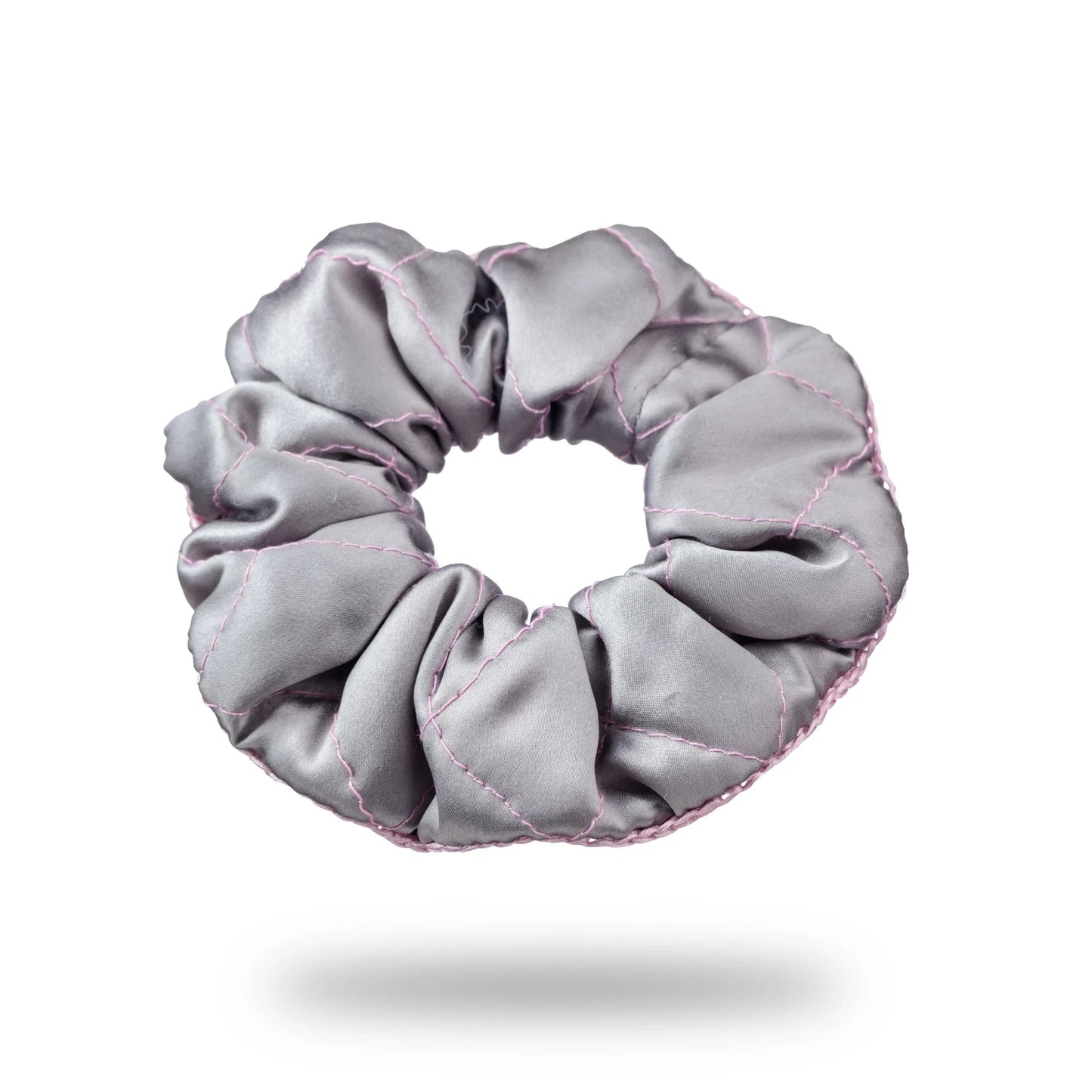 
                  
                    Malkiele designer, grey silk quilted scrunchie for woman, embellished with pink silk knit ribbon, premium and sustainable, name Morning Passion.
                  
                