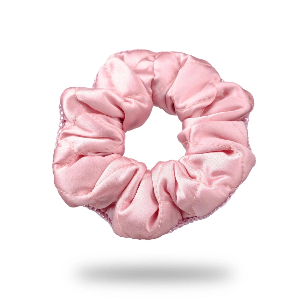 Malkiele designer, pink silk quilted scrunchie for woman, embellished with pink silk knit ribbon, premium and sustainable, name Morning Passion.