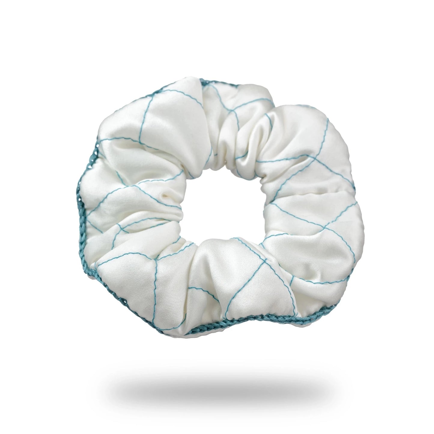 Malkiele designer, white silk quilted scrunchie for woman, embellished with green silk knit ribbon, premium and sustainable, name Morning Passion.