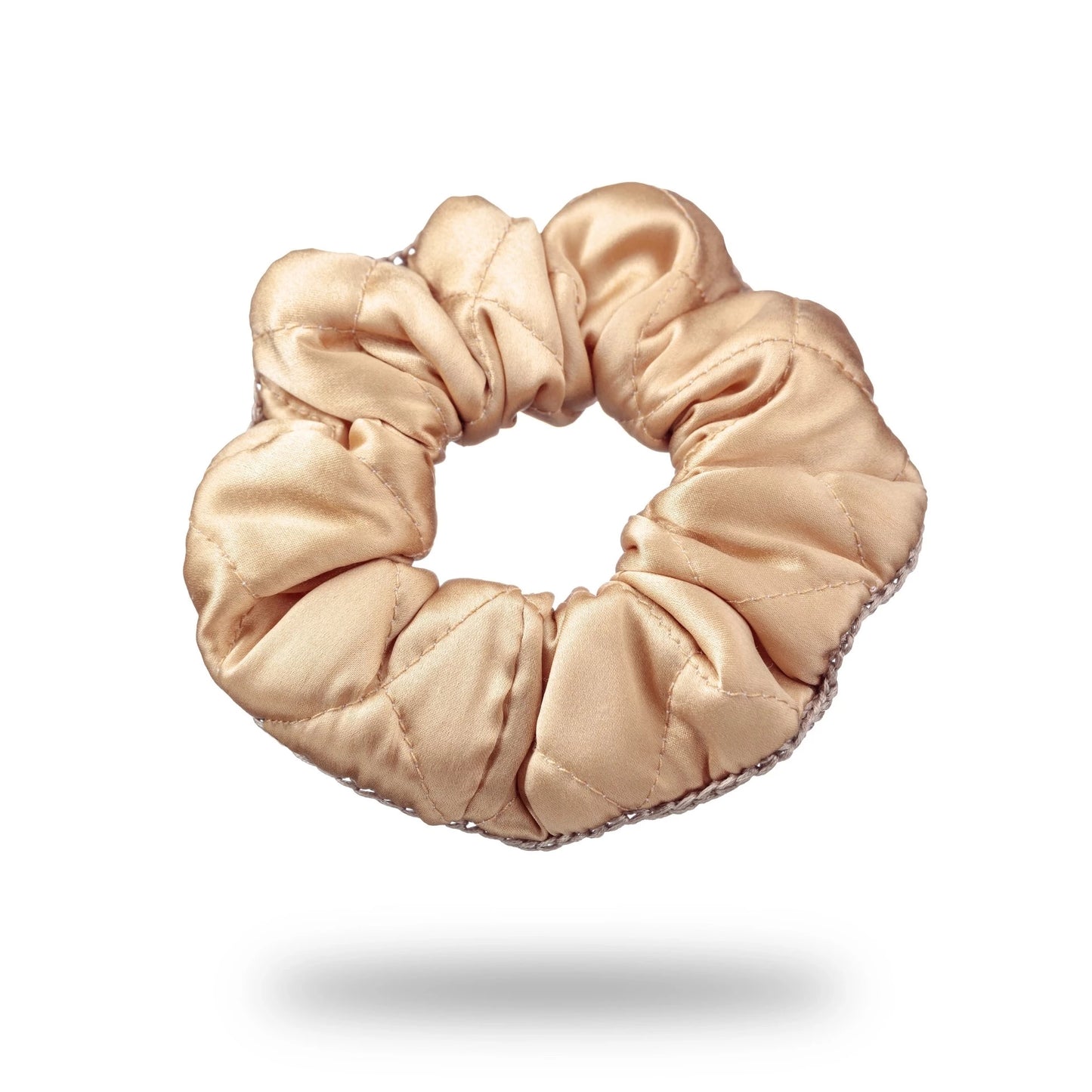 Malkiele designer, beige silk quilted scrunchie for woman, embellished with beige silk knit ribbon, premium and sustainable, name Morning Passion.
