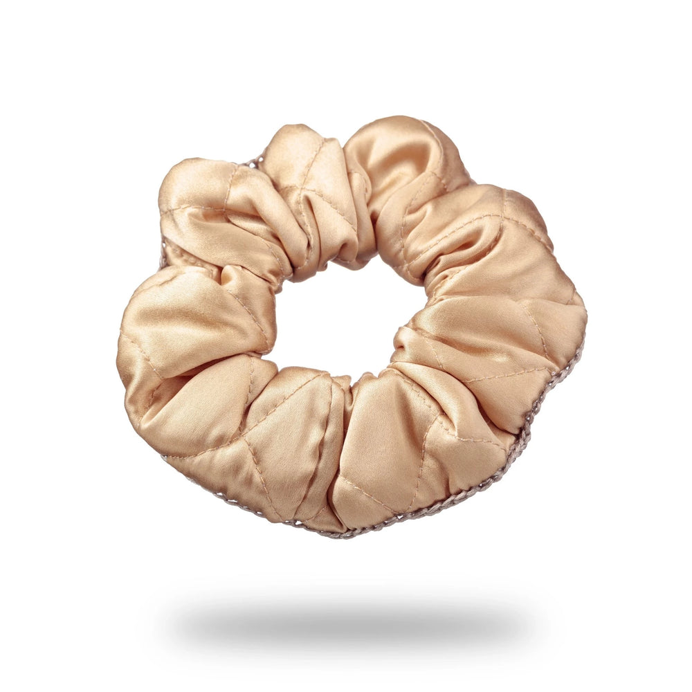 Malkiele designer, beige silk quilted scrunchie for woman, embellished with beige silk knit ribbon, premium and sustainable, name Morning Passion.