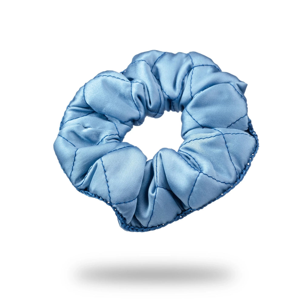 
                  
                    Malkiele designer, light blue silk quilted scrunchie for woman, embellished with blue silk knit ribbon, premium and sustainable, name Morning Passion.
                  
                