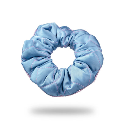 Malkiele designer, light blue silk quilted scrunchie for woman, embellished with pink silk knit ribbon, premium and sustainable, name Morning Passion.