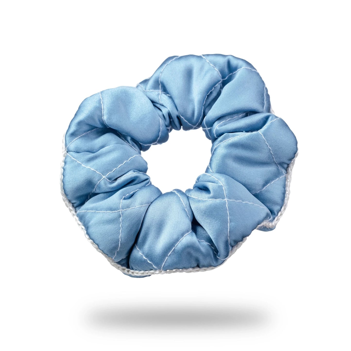 Malkiele designer, light blue silk quilted scrunchie for woman, embellished with white silk knit ribbon, premium and sustainable, name Morning Passion.