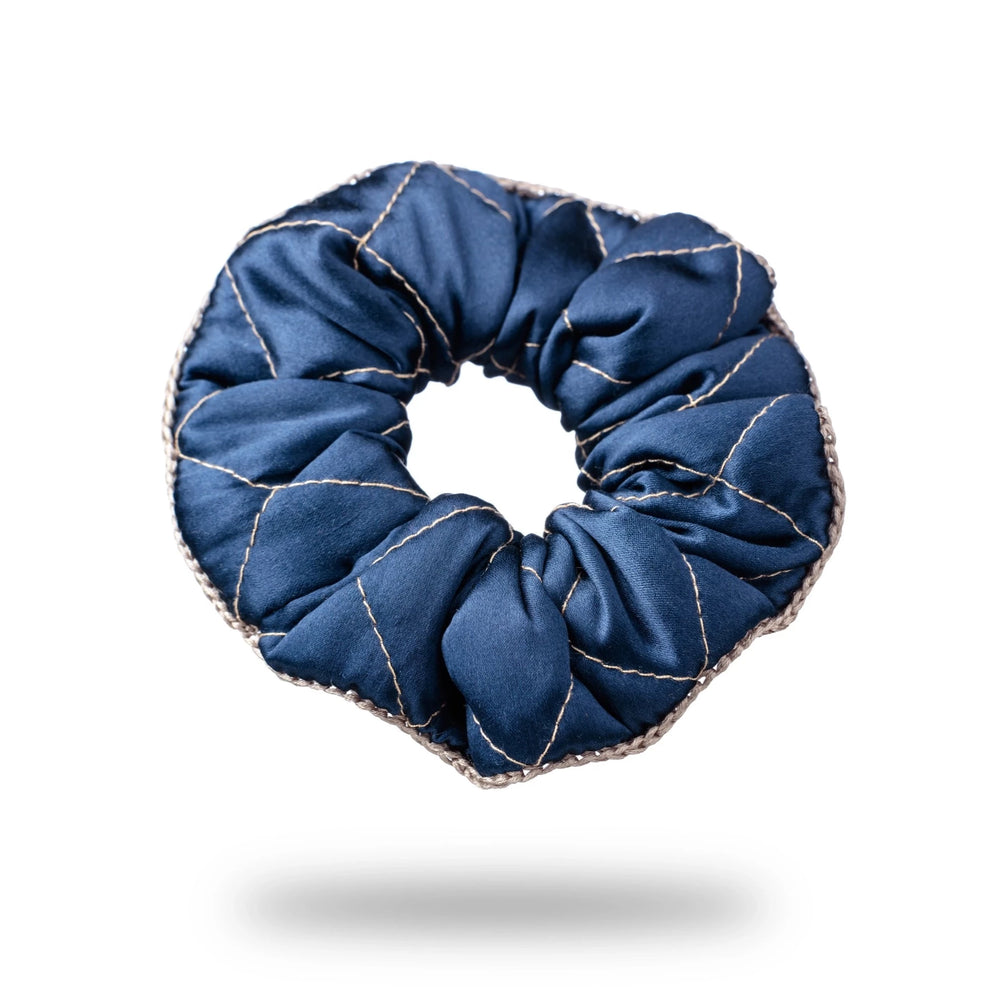 Malkiele designer, navy blue silk quilted scrunchie for woman, embellished with beige silk knit ribbon, premium and sustainable, name Morning Passion.