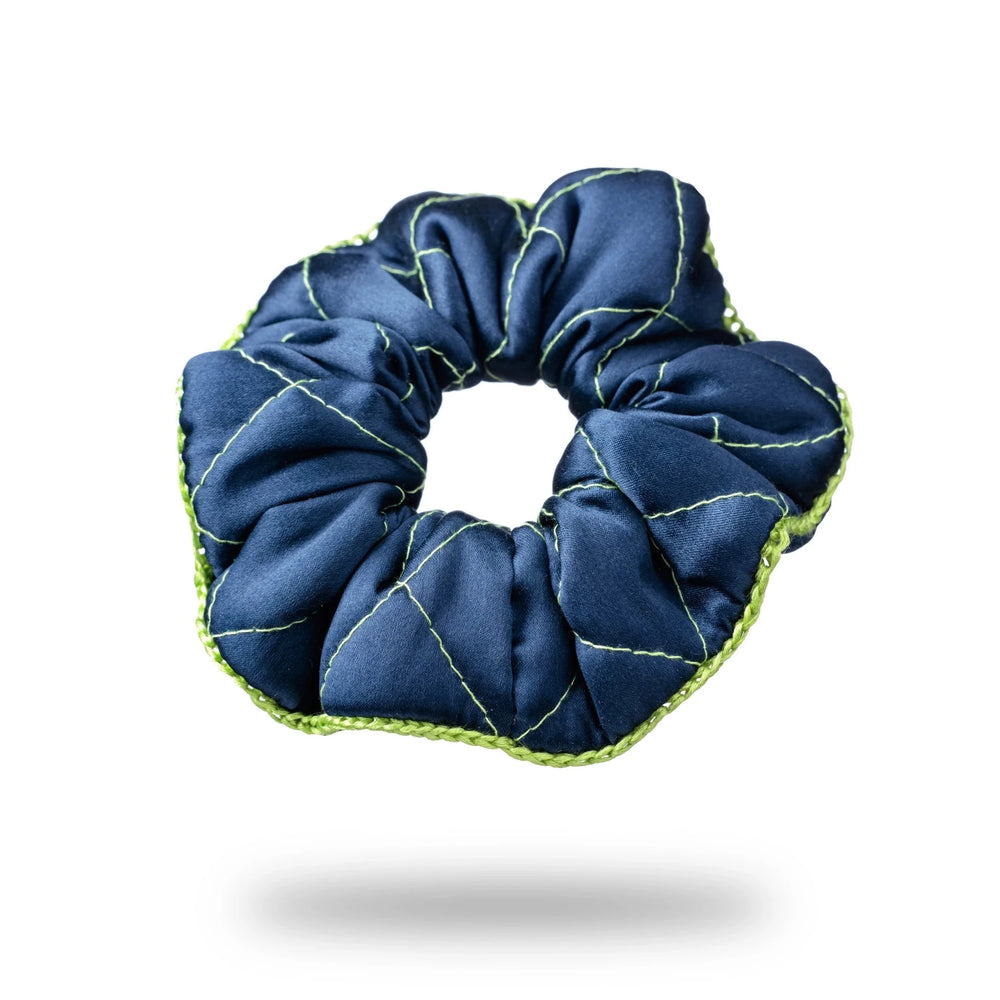 Malkiele designer, navy blue silk quilted scrunchie for woman, embellished with light green silk knit ribbon, premium and sustainable, name Morning Passion.