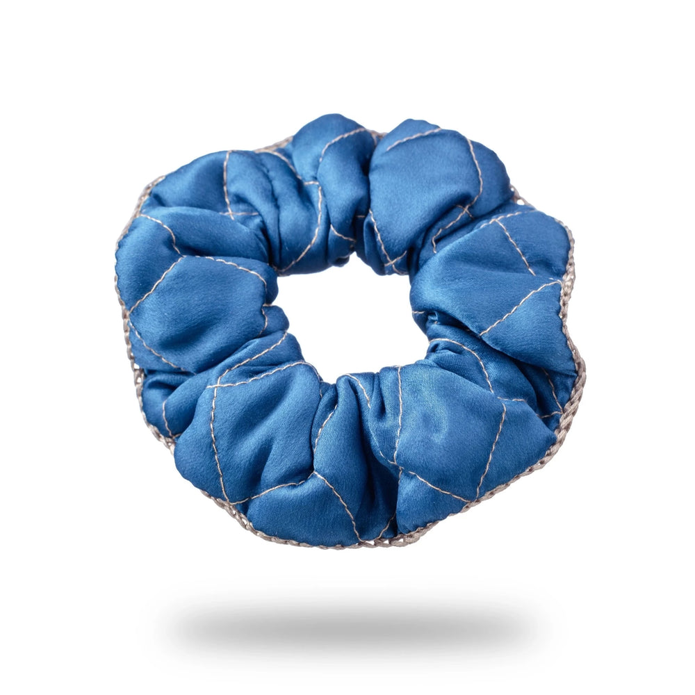 Malkiele designer, royal blue silk quilted scrunchie for woman, embellished with beige silk knit ribbon, premium and sustainable, name Morning Passion.