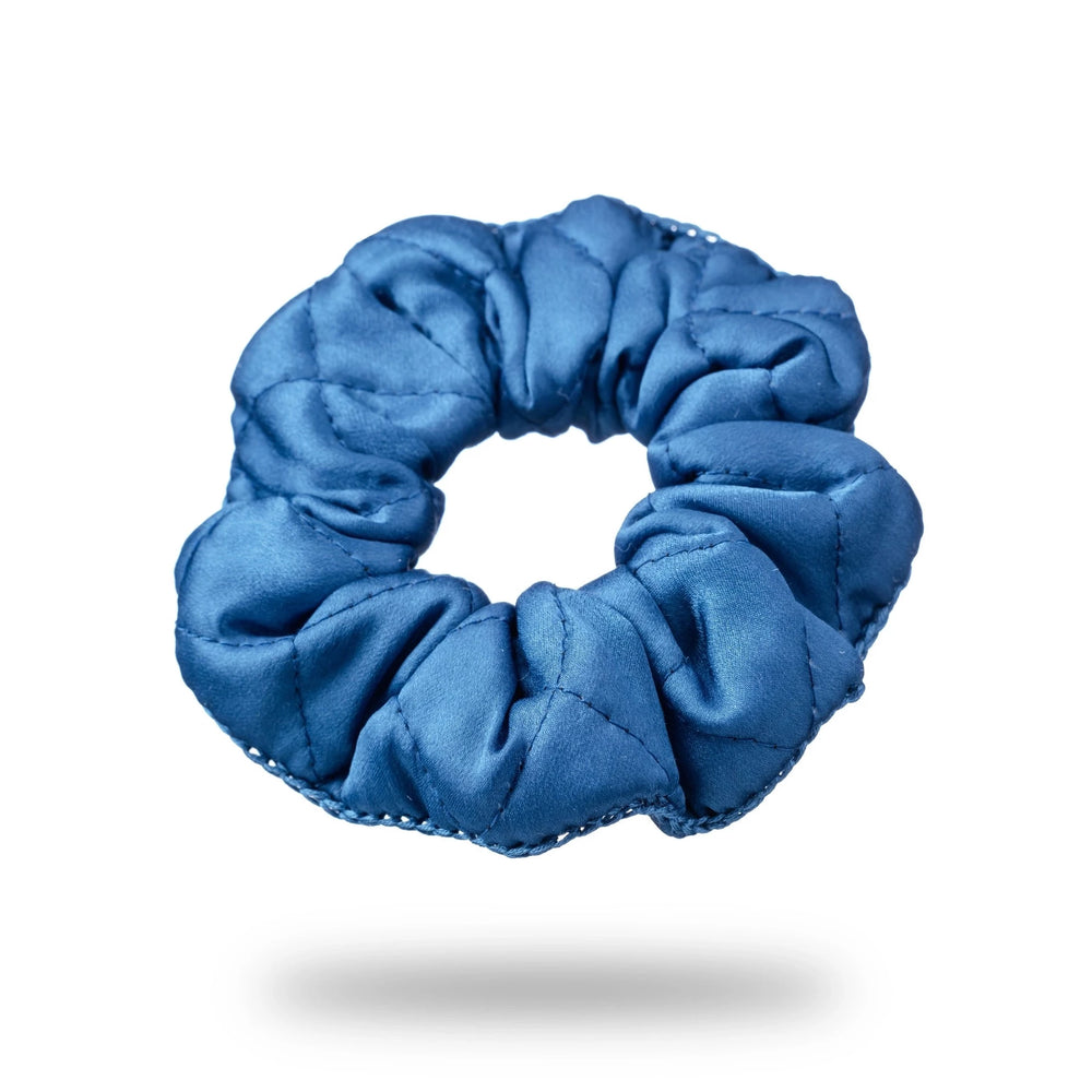 Malkiele designer, royal blue silk quilted scrunchie for woman, embellished with blue silk knit ribbon, premium and sustainable, name Morning Passion.