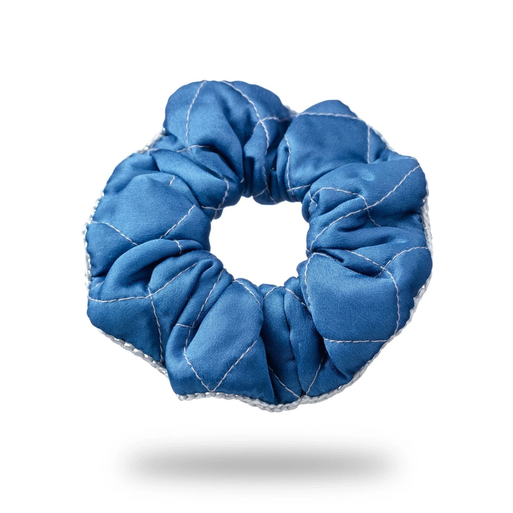 
                  
                    Malkiele designer, royal blue silk quilted scrunchie for woman, embellished with grey silk knit ribbon, premium and sustainable, name Morning Passion.
                  
                