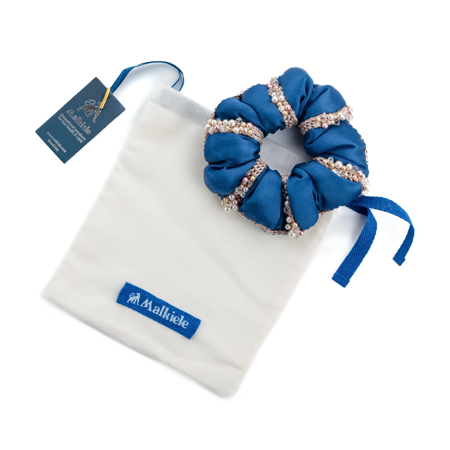 Malkiele designer, white double cotton dust bag, with blue logo and blue ribbon, medium size, silk blue scrunchie is on top, premium and sustainable, name Preferred.