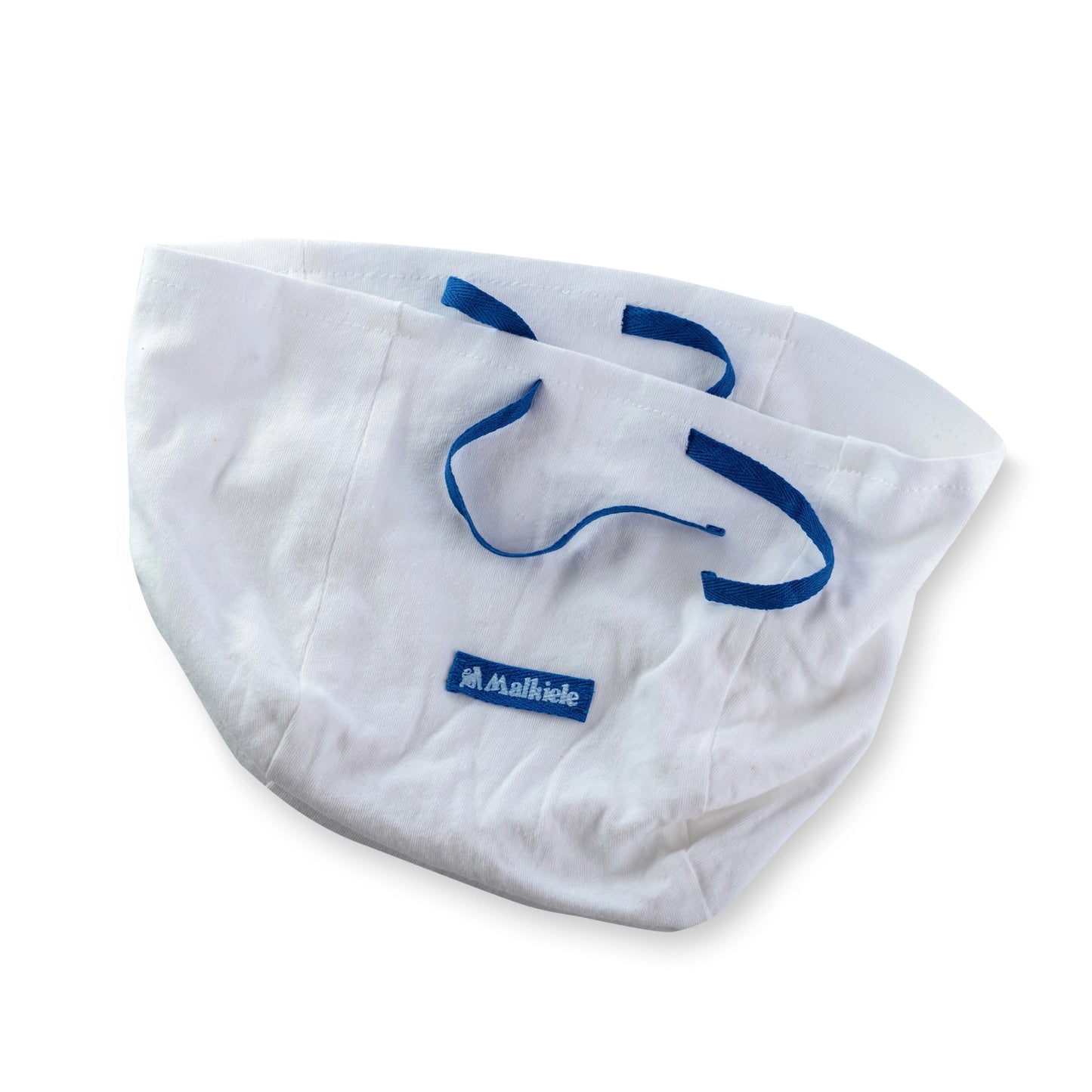 Malkiele designer, white double cotton dust bag, with blue logo and blue ribbon, round size, premium and sustainable, name Preferred.