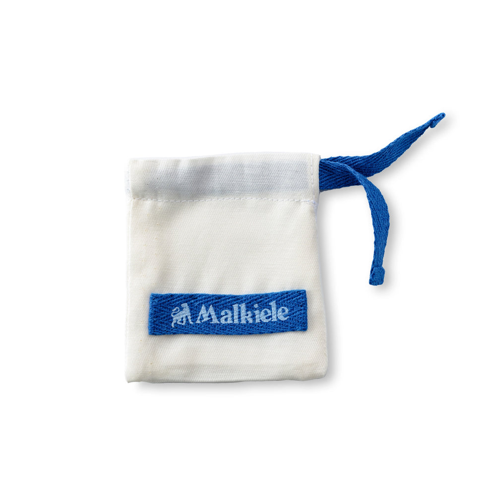 Malkiele designer, white double cotton dust bag, with blue logo and blue ribbon, small size, premium and sustainable, name Preferred.