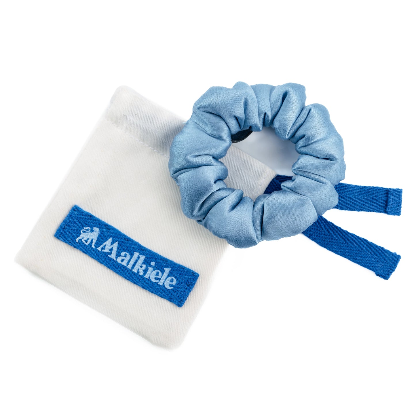 
                  
                    Malkiele designer, white double cotton dust bag, with blue logo and blue ribbon, small size, silk light blue scrunchie on top, premium and sustainable, name Preferred.
                  
                