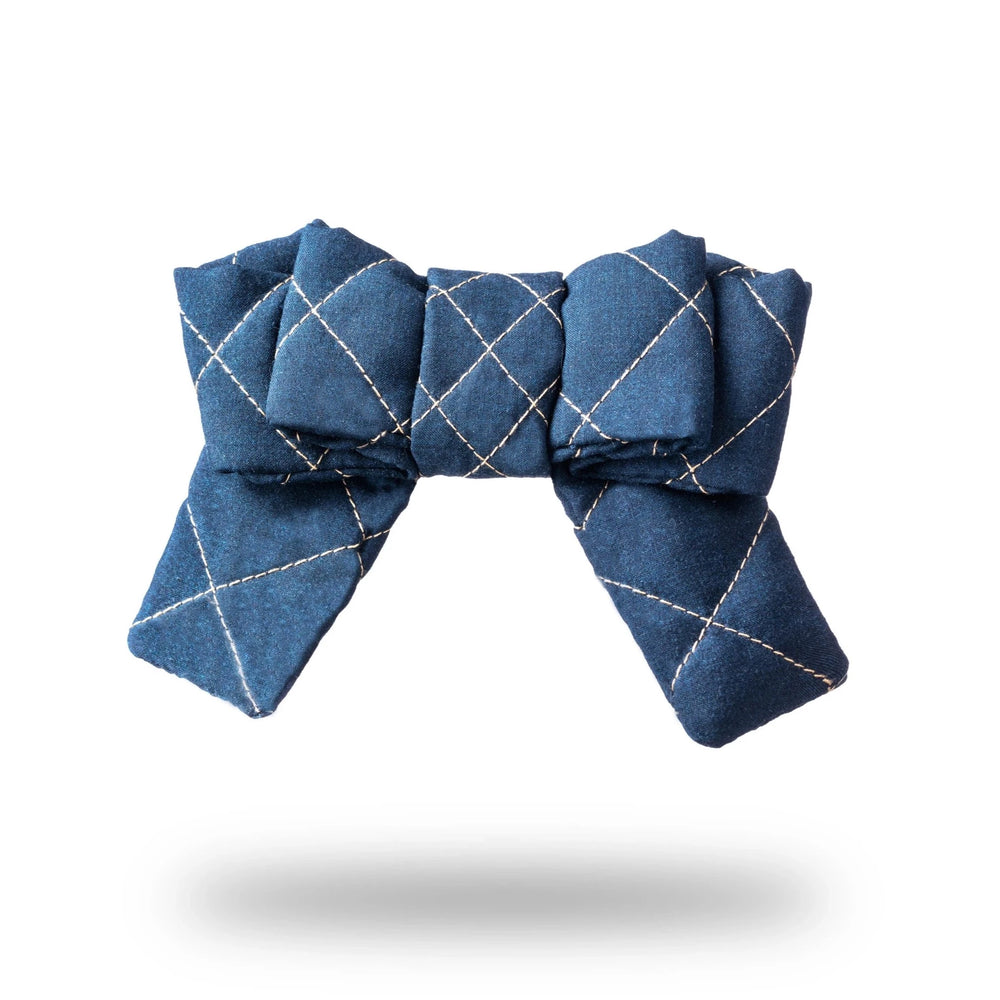 Malkiele designer, navy blue silk quilted bow, embellished with beige threads, premium and sustainable, name Seductive.