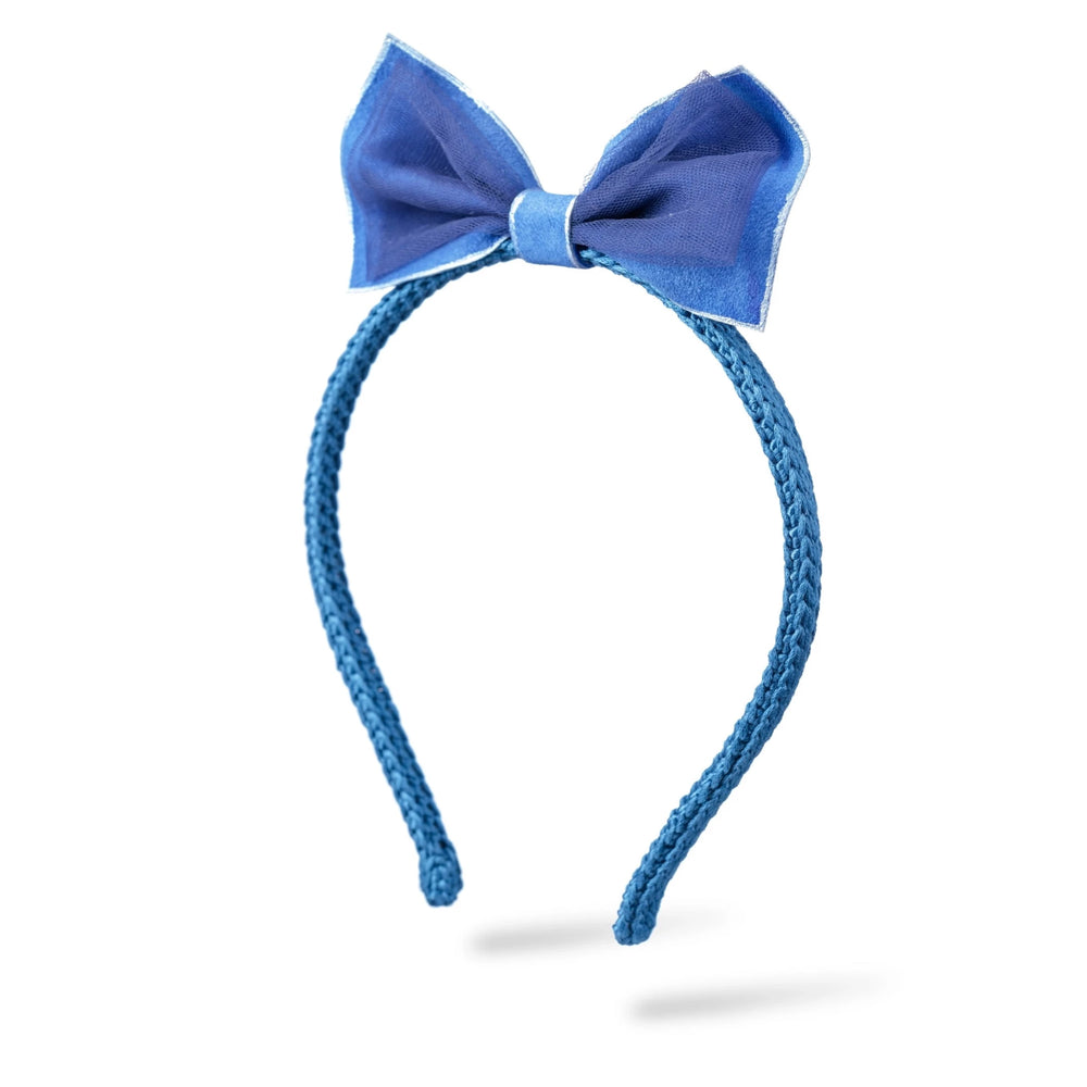 Malkiele designer, blue silk knit headband for little girls, embellished with leather bow, luxe style, premium and sustainable, name Sophie.