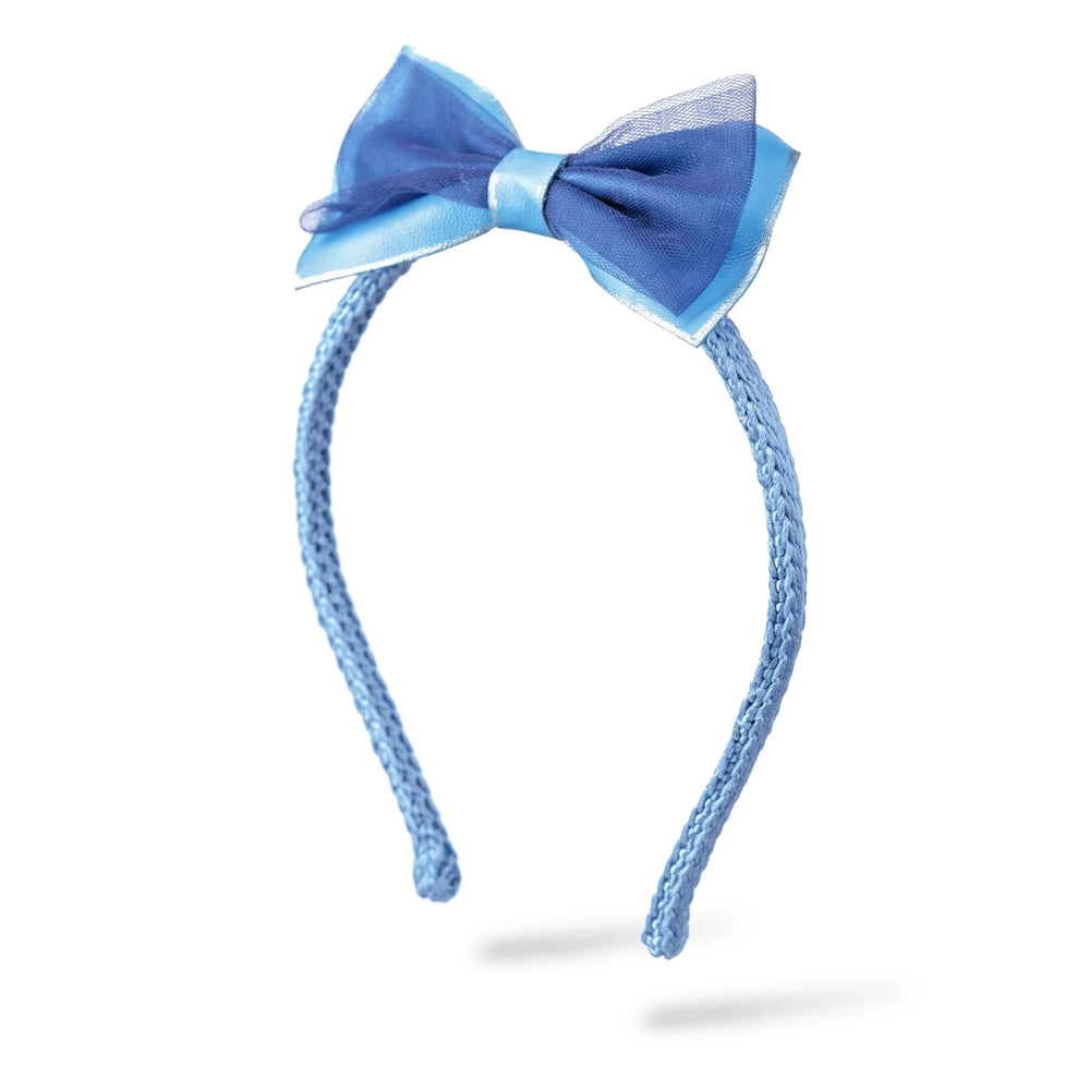 Malkiele designer, light blue silk knit headband for little girls, embellished with leather bow, luxe style, premium and sustainable, name Sophie.