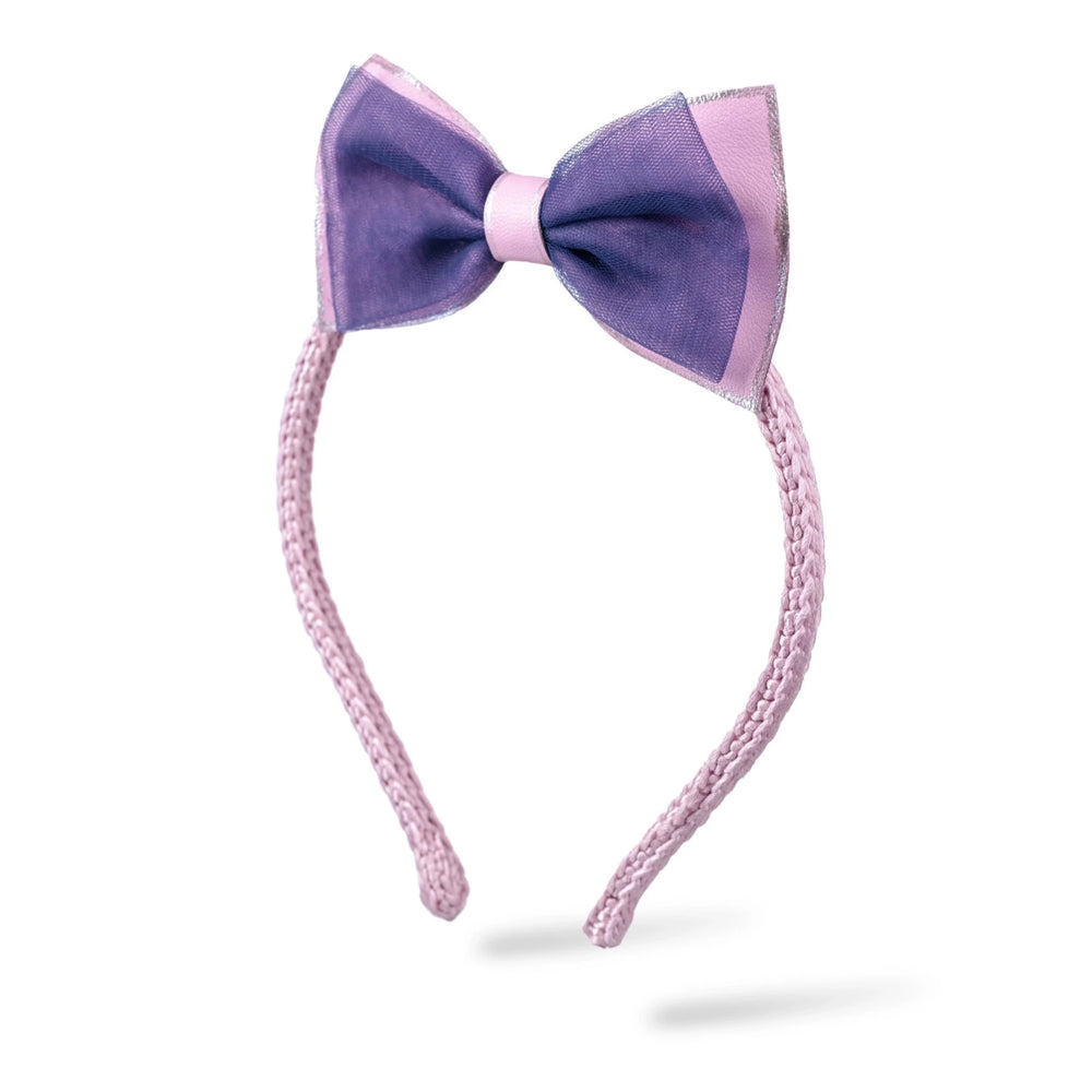 Malkiele designer, pink silk knit headband for little girls, embellished with leather bow, luxe style, premium and sustainable, name Sophie.