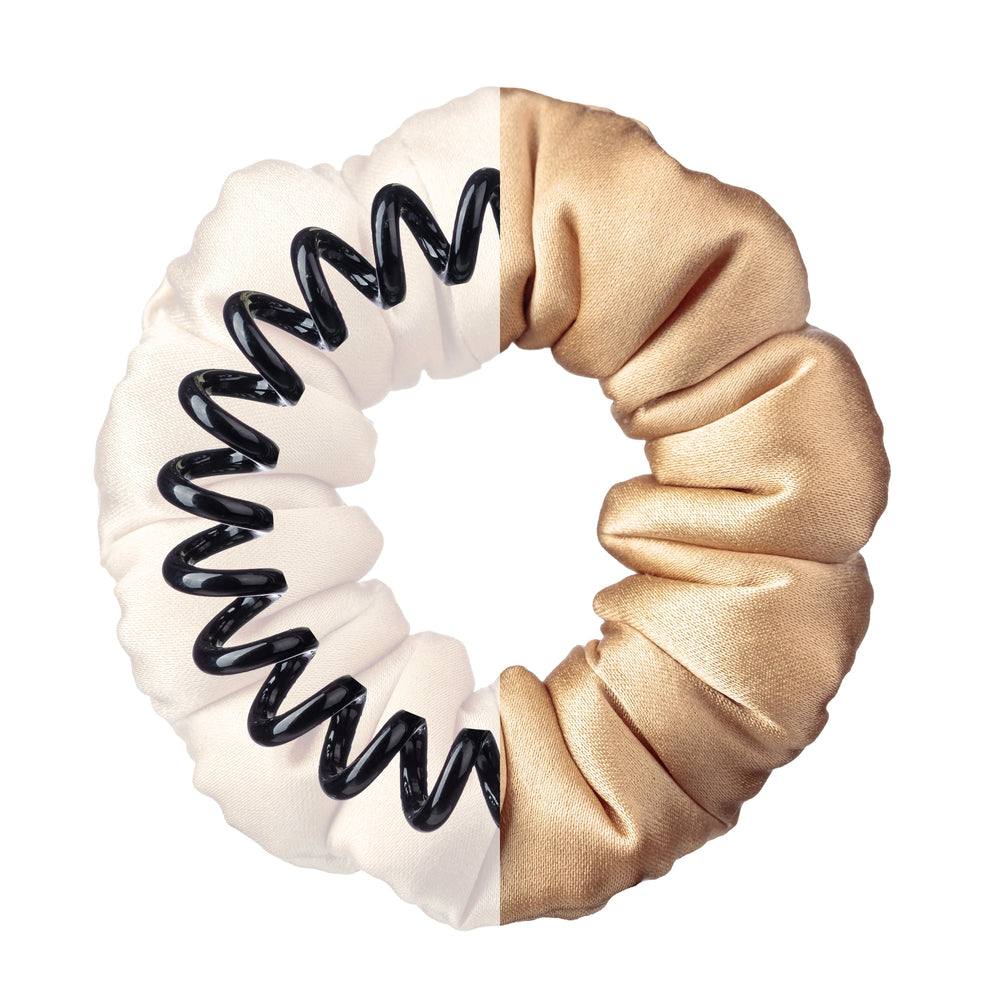 Silk-covered coil scrunchie in beige, front view, name Grace, Malkiele designer.