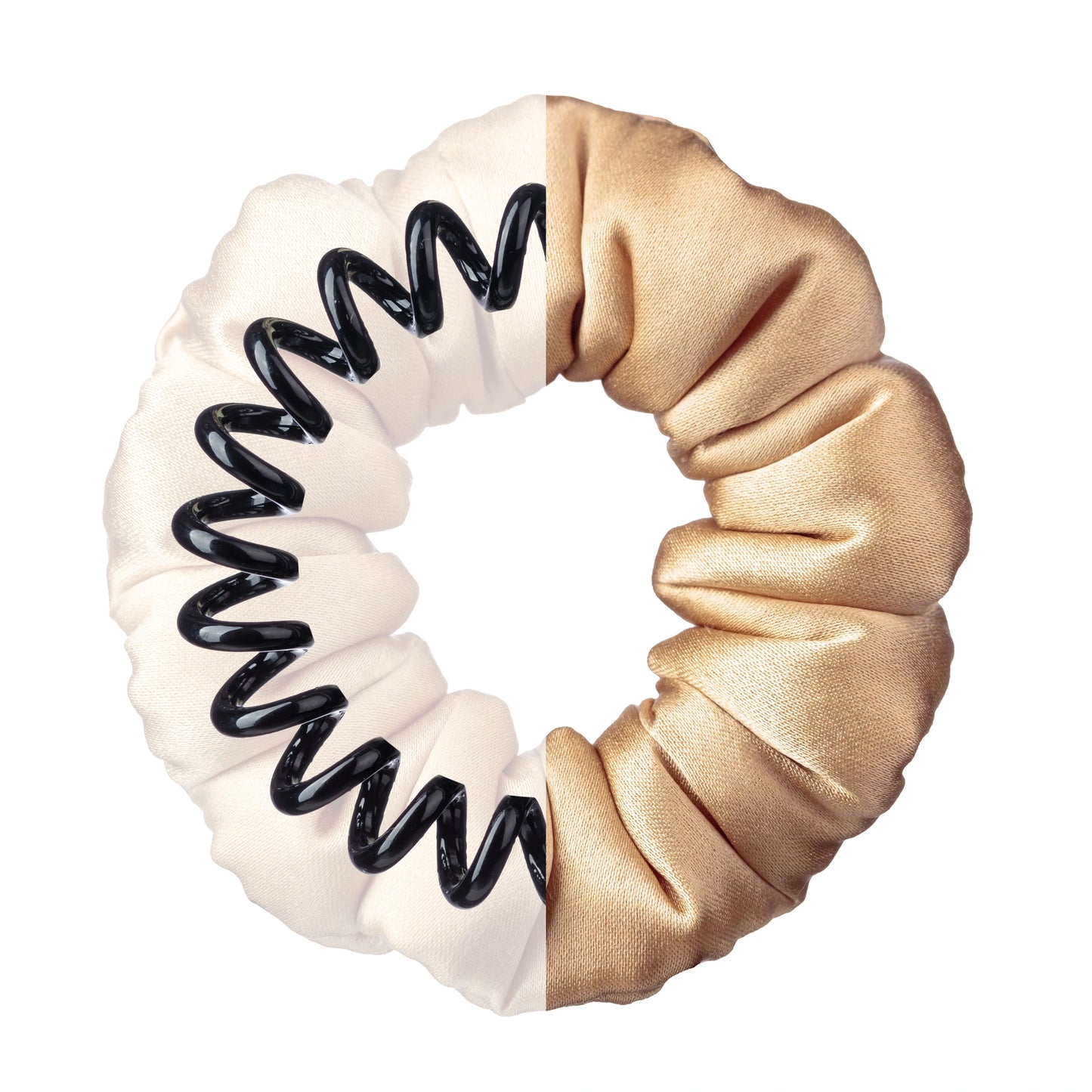 
                  
                    Silk-covered coil scrunchie in beige, front view, name Grace, Malkiele designer.
                  
                