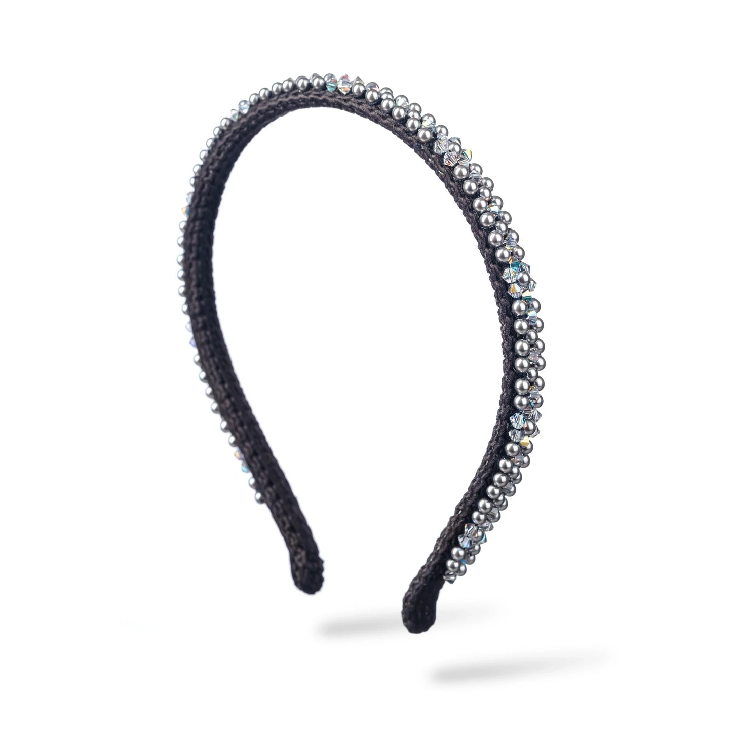 Malkiele designer silk knit headband with Swarovski pearls in black, name Victorious