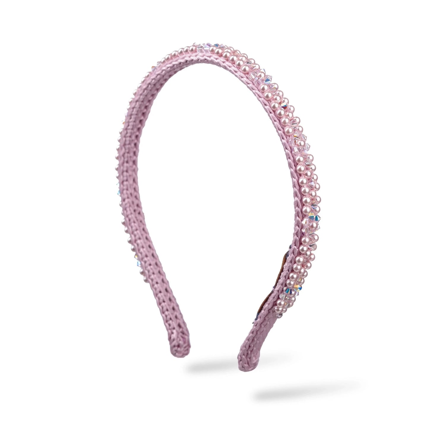 Malkiele designer, pink silk knit headband for woman, embellished with pink crystals from Swarovski®, premium and sustainable, name Victorious.