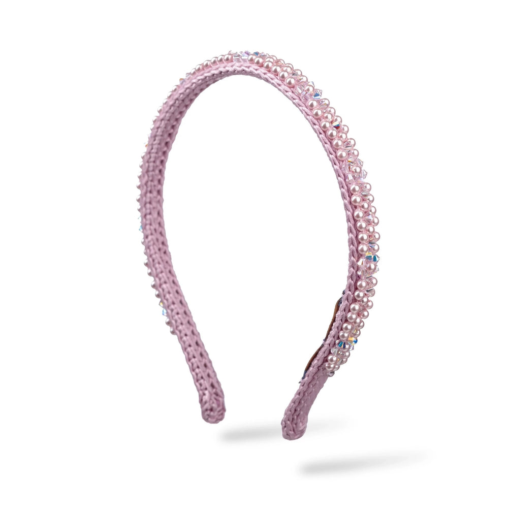 Malkiele designer, pink silk knit headband for woman, embellished with pink crystals from Swarovski®, premium and sustainable, name Victorious.